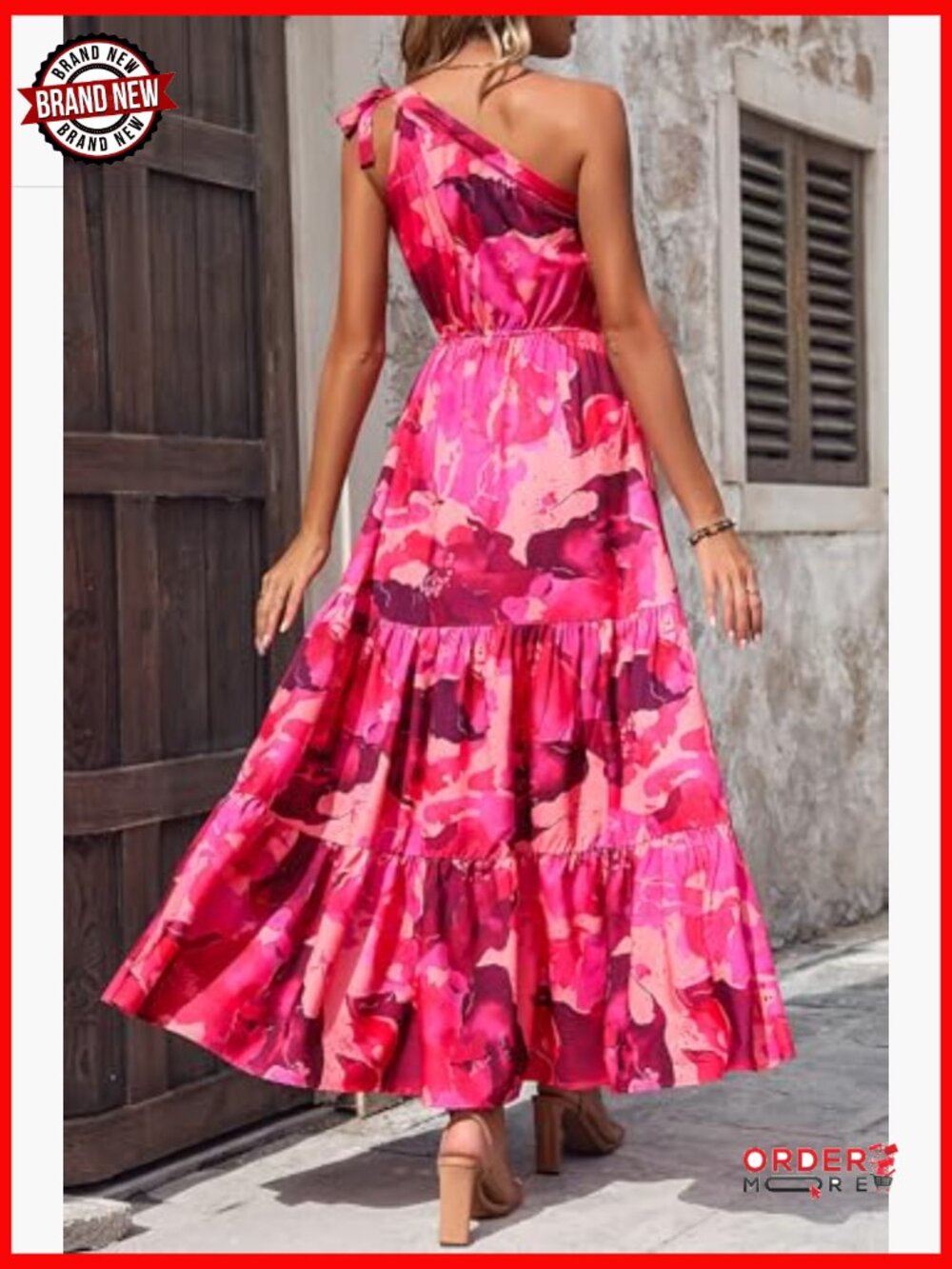 One Shoulder Floral Maxi Dress Ruffled Boho Beach Vacation Guest - Picture 2 of 7